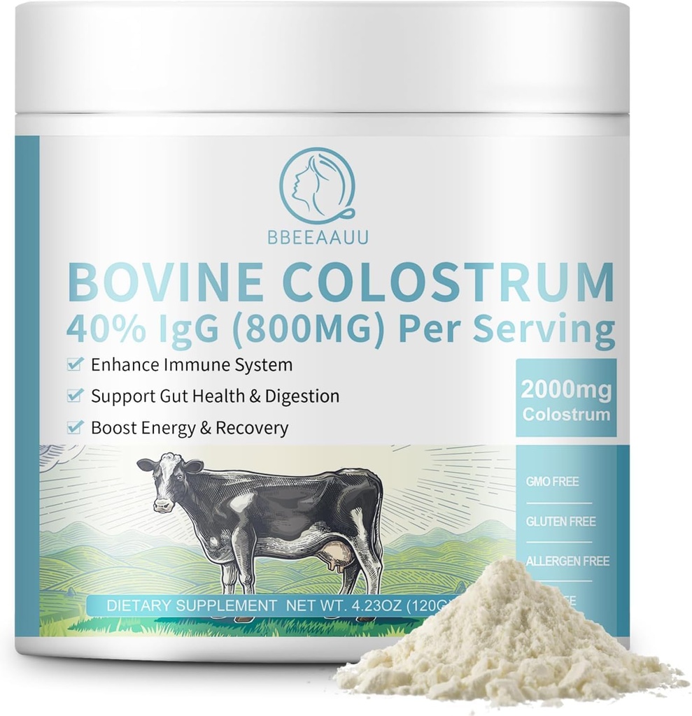 Bovine Colostrum Supplement 2000mg, Colostrum Powder 40% IgG Immunoglobuline für Immununterstützung, Haarwachstum, Gut Gesundheit, Muskel, Energie - 100% Gras Fed, Glutenfrei, Non-GMO, 120 Gramm