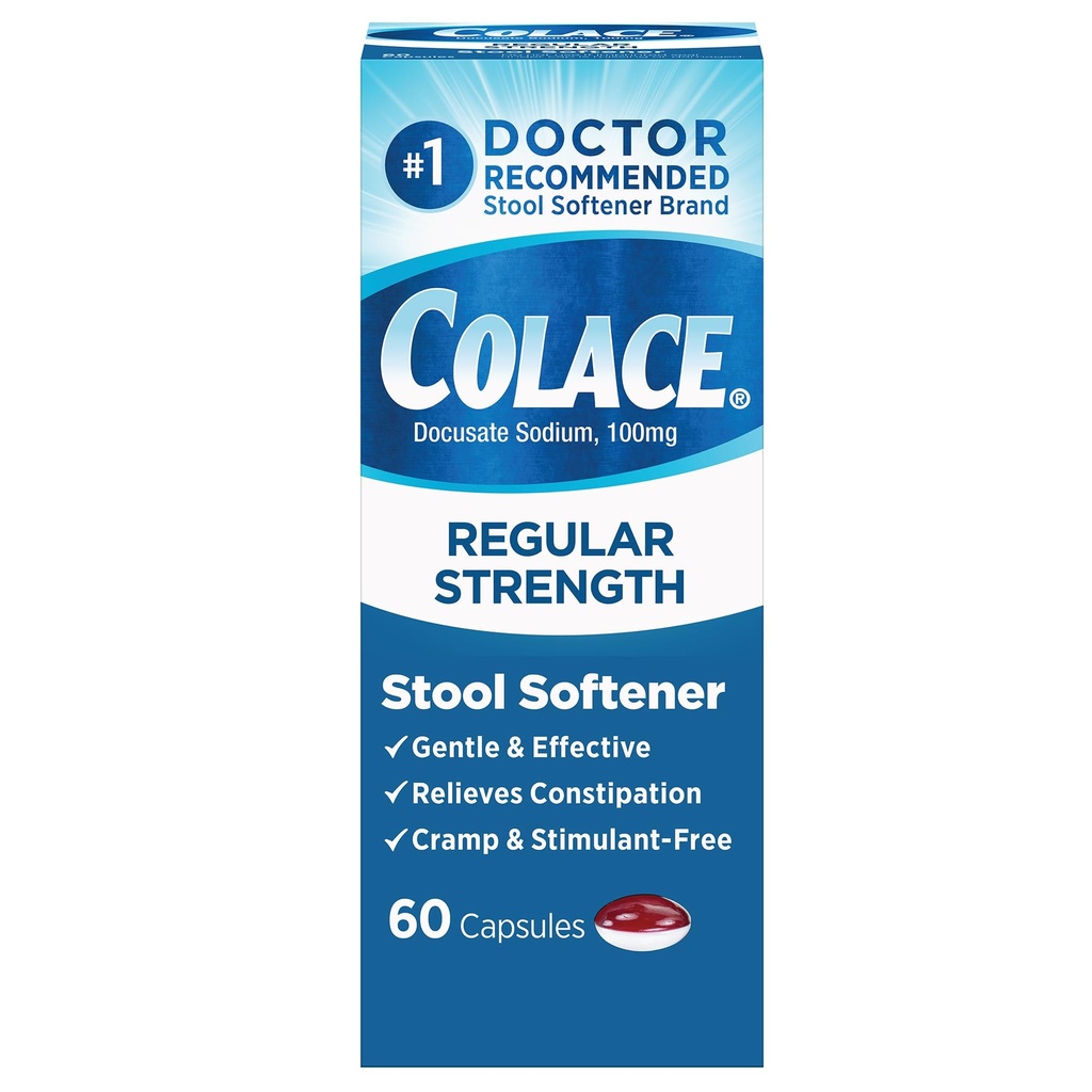 Colace Stool Softener 100 mg, 60 Capsules, Constipation Relief, Docusate Sodium, Gentle Docusate, Stimulant-Free, Regular Strength, #1 Doctor Recommended Stool Softener Brand
