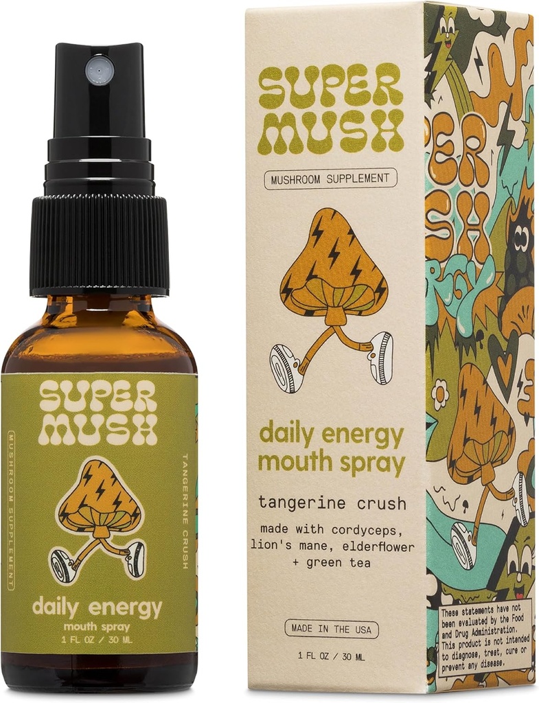 Spray quotidien SuperMush pour la bouche d'énergie - Supplément de champignons - Lions Mane & Cordyceps Mélange de champignons Extrait de sprays liquides purs pour Focus, Stamina & Clarity - Spray biologique Lions Mane Fungi