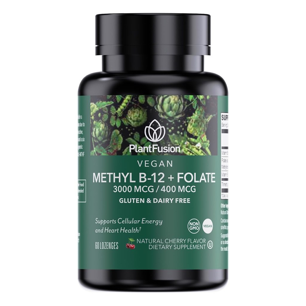 PlantFusion Methyliertes Vitamin B Complex – Vegan B12 3000mcg, Vegan Methylfolat (5-MTHF) 400mcg, B6 & TMG – Cherry-Flavored Lozenges – 60 Count