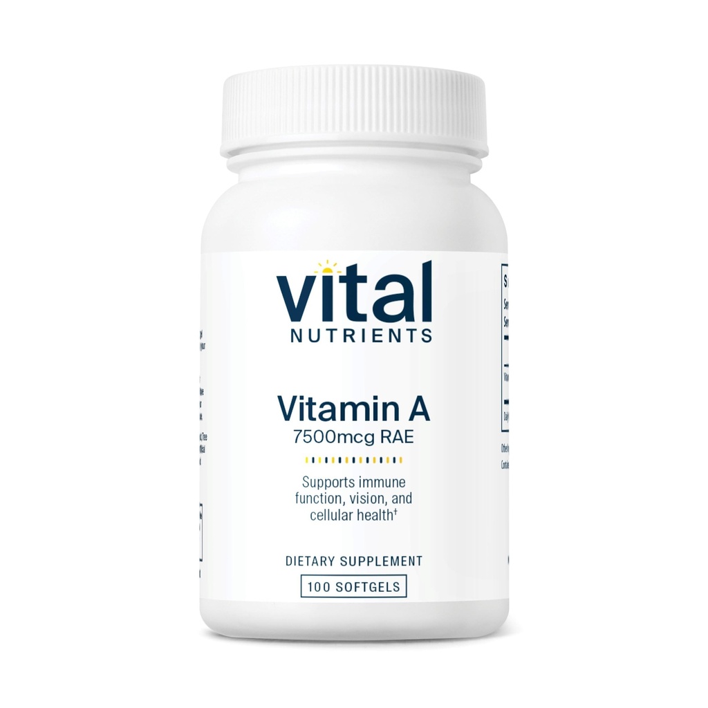 Vitamina A 7500mcg RAE | Supplemento di vitamina A per la funzione immunitaria, la visione, la pelle e la salute cellulare | Gluten, latticini, soia Free | Non-GMO | 100 capsule