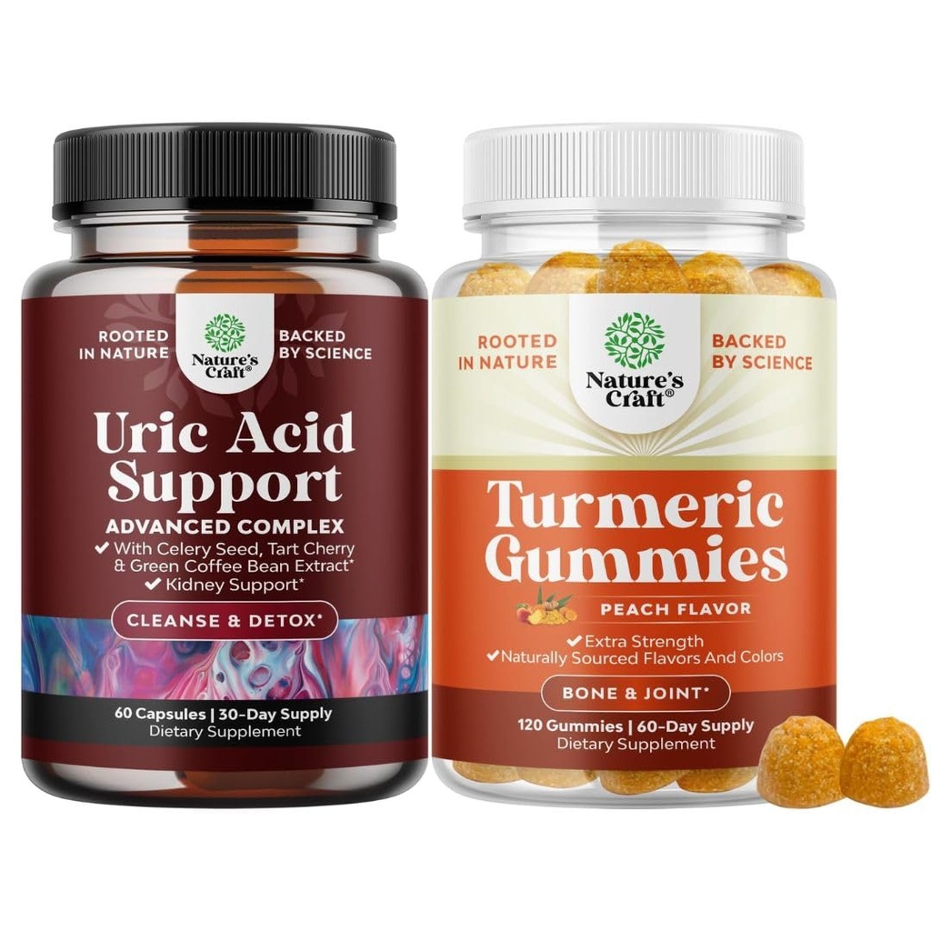 Natures Craft Bundle von Vegan Uric Acid Cleanse und Detox für Männer und Frauen Gelenke Nieren und mehr und Turmeric Gummies für Erwachsene Peach Flavor - Extra Strength Joint Support Gummies