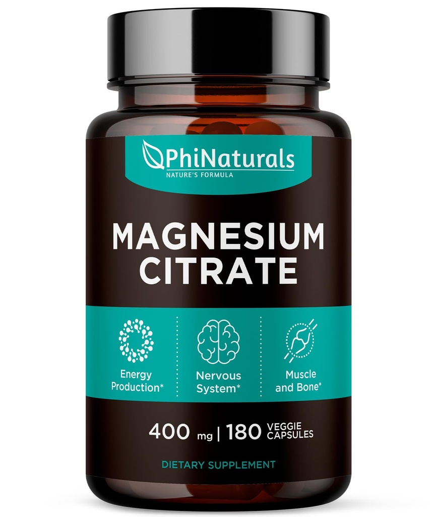 Magnesium Citrat Pulver Kapseln 400mg - 180 Count Veg Caps - PhiNaturals Ergänzungen - Nervous System Unterstützung und Enzym Funktion