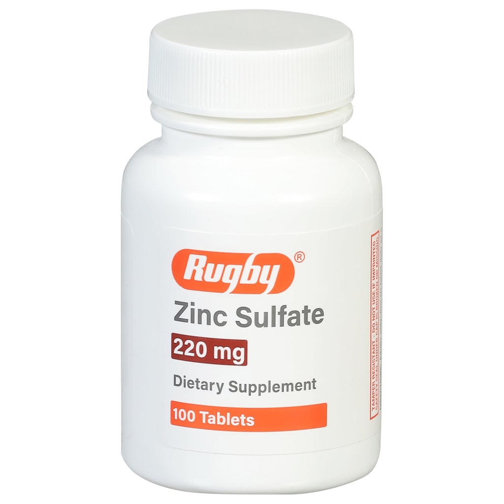 Rugby Zinc Sulfate 220 mg Tablets - Made with Zinc Sulfate Heptahydrate - Dietary Supplement - 100 Count (1 Pack)