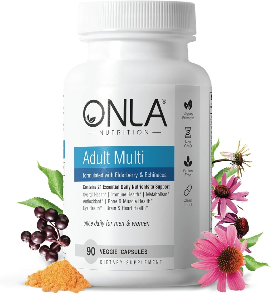 ONLA Elderberry Supplementi per le donne 80mg - Vegan Multivitaminici per il supporto immunitario con Echinacea & Elderberry - Non-GMO, Gluten-Free Daily Capsules- 3 mesi di alimentazione (Expiry May 2025)