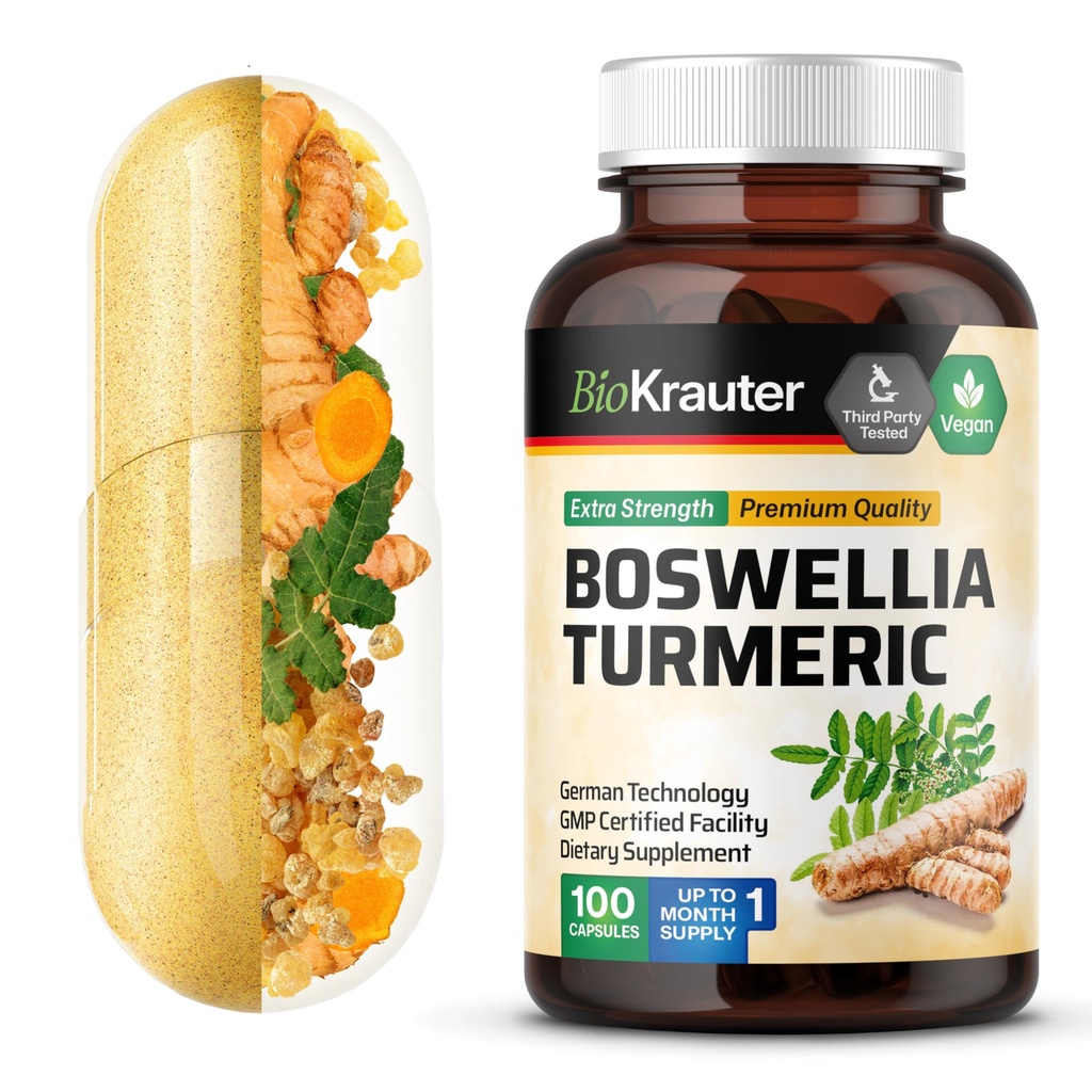 BIO KRAUTER integratore alimentare con capsule di Estratto di Boswellia - 2000 mg di miscela - 100 conta - Vegan Boswellia Turmeric (Curcumin) - Formula w/Black Pepper