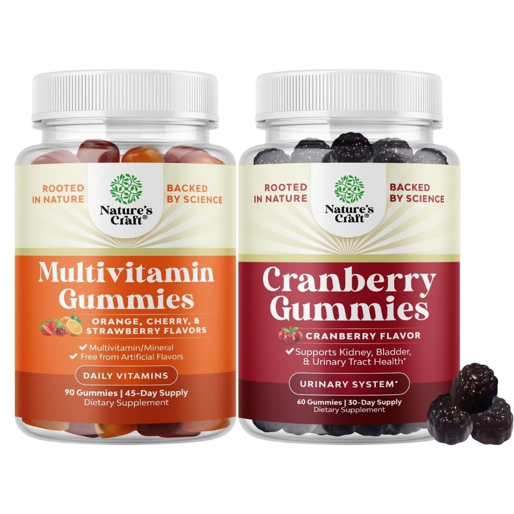 Bundle of Potent Daily Multivitamin Gummies for Adults and Natural Cranberry Gummies for Women and Men - Mélange bien-être de vitamine D A C E B12 Zinc et biotine - Extra Strength Delicious Antioxydant