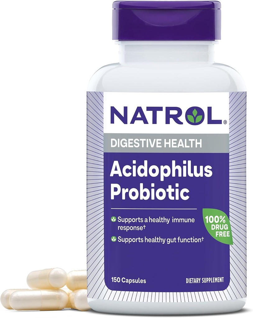 Natrol Acidophilus Probiotic 100 mg, Nahrungsergänzungsmittel für gesunde Gut-Funktion, Verdauungs-Gesundheitskapseln für Erwachsene, 150 Kapseln, Bis zu 50 Tage Versorgung