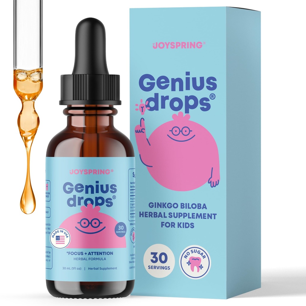 JoySpring Genius Drops für Kinder | Clinical Proven Focus Supplement | Liquid Herbal Focus Supplement mit Ginkgo Biloba für Kinder (1 fl oz) 30 Servietten