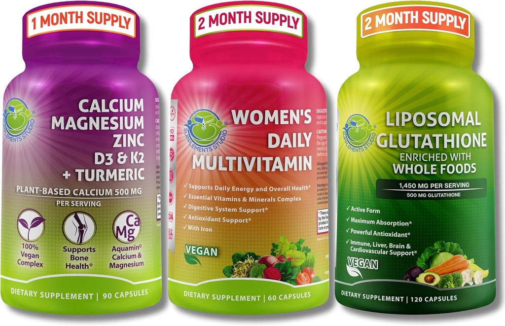 Multivitamin, Calcium & Liposomal Glutathione Trio - Pflanzenbasiertes Calcium, Magnesium, Zink, D3, K2 & Turmeric + Frauen Daily Multivitamin mit Eisen + Liposomal Glutathione 500mg