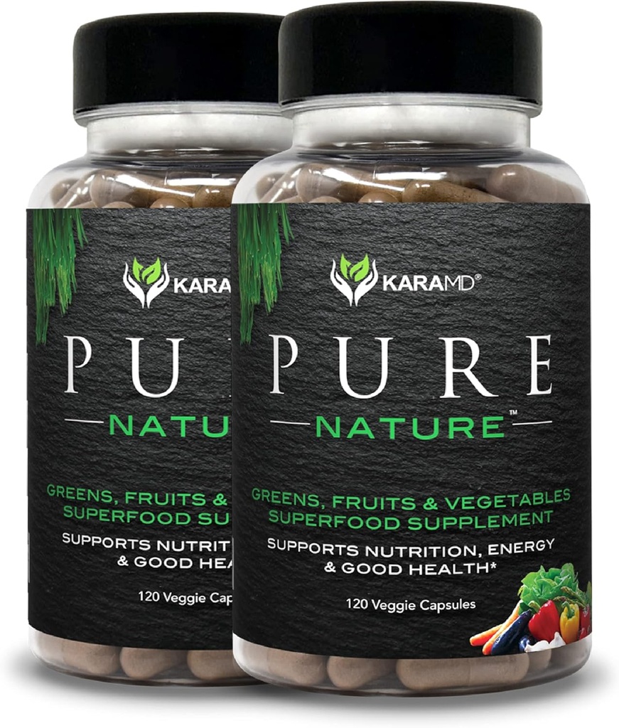 KaraMD Pure Nature | Greens, Fruit and Veggies Supplemento | Vitamine, Fibra & Antiossidanti | 20 Frutta e Verdura Integratori per Energia & Digestione | Gluten Free & Vegan Friendly (2 Confezione)
