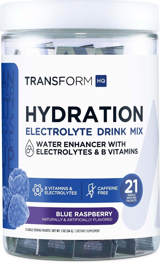 Mix di bevanda di idratazione di TransformHQ (21 Packets mono-sera, lampone blu) - Miscela di supplemento di idratazione con vitamine ed elettroliti