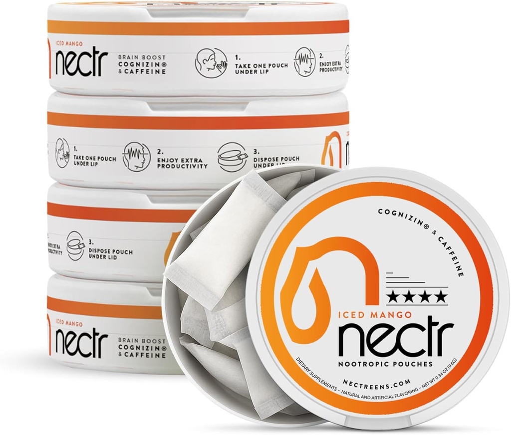Nectr Energy Nootropic Pouches – Iced Mango Flavored, Koffein Pouches mit Cognizin® Citicoline. Zuckerfreie Brainbäume. Glatte, Sustained Focus & Energy Supplement - 5 Pucks von 16pcs