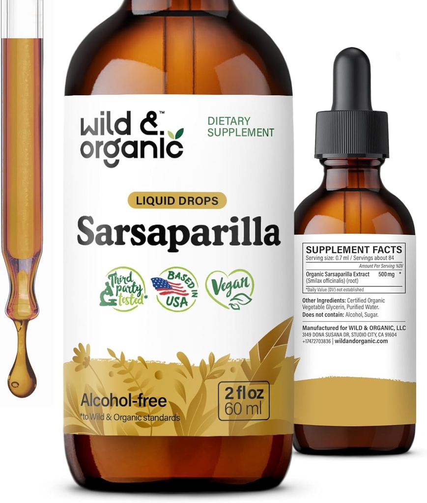 Wild & Organic Sarsaparilla Root Drops - Detox Cleanse Drops - Sarsaparilla Pulver basierte Tinktur - Vegan, Zucker & Alkoholfreie Flüssigergänzung - 2 fl oz