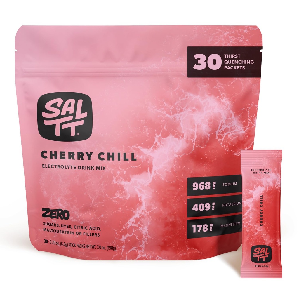 SALTT Electrolytes Powder Flavored Drink Mix - Cherry Chill - 30 Hydration Packets - Magnesium, Potassium, Sodium, Trace Minerals - Zero Sugar & Gluten Free - Viaggi Essentials