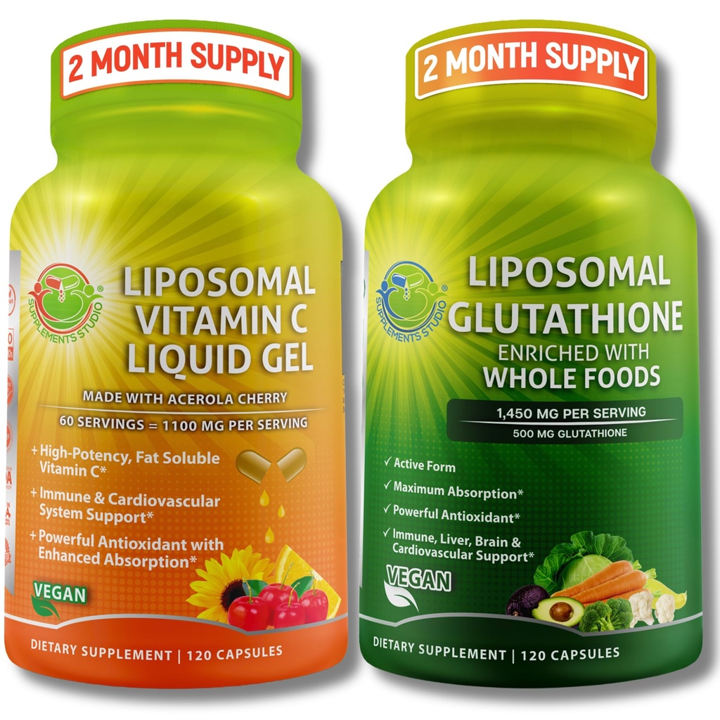 SUPPLEMENTARI STUDIO Liposomal Vitamina C 1100mg Liquid Gel Capsule - Bundle up with - Liposomal Glutathione 500mg Supplemento