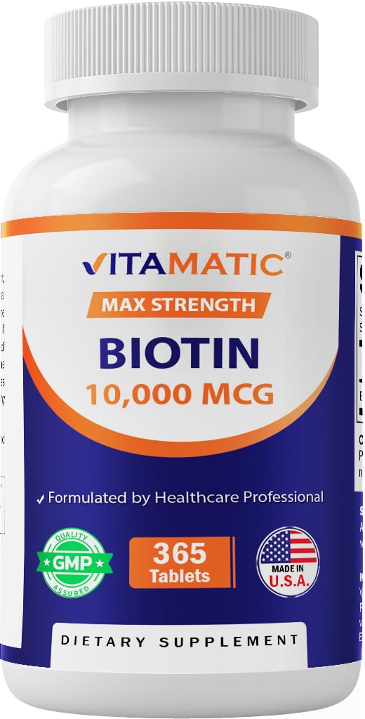 Vitamatic Biotin 10.000 mcg (10 mg) für stärkeres Haar, Haut und Nägel - 365 Vegan Tabletten- Auch genannt Vitamin B7