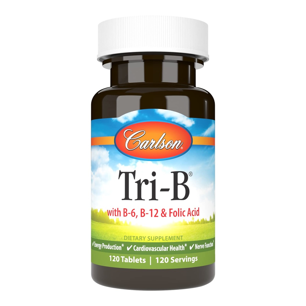 Carlson - Tri-B, Vitamin B Complex, 25 mg Vitamin B-6, 400 mcg Vitamin B-12, Folic Acid Energy Pills, fördern Herz-Kreislauf-Gesundheit, B Complex Vitamins, B12 Supplement, B Vitamin Complex, 120 Tabletten