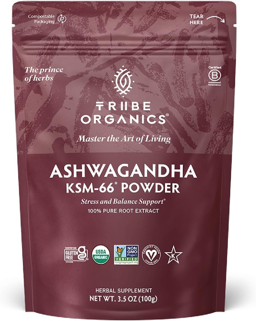 TRIBE ORGANICS KSM-66 Ashwagandha Wurzel-Extrakt-Pulver Ayurvedic Kräuter für Mood-Unterstützung | Erhöhen Energie | Stärke - bio | Natürlich | Glutenfrei | Non GMO | Full-Spectrum - 100g Pouch