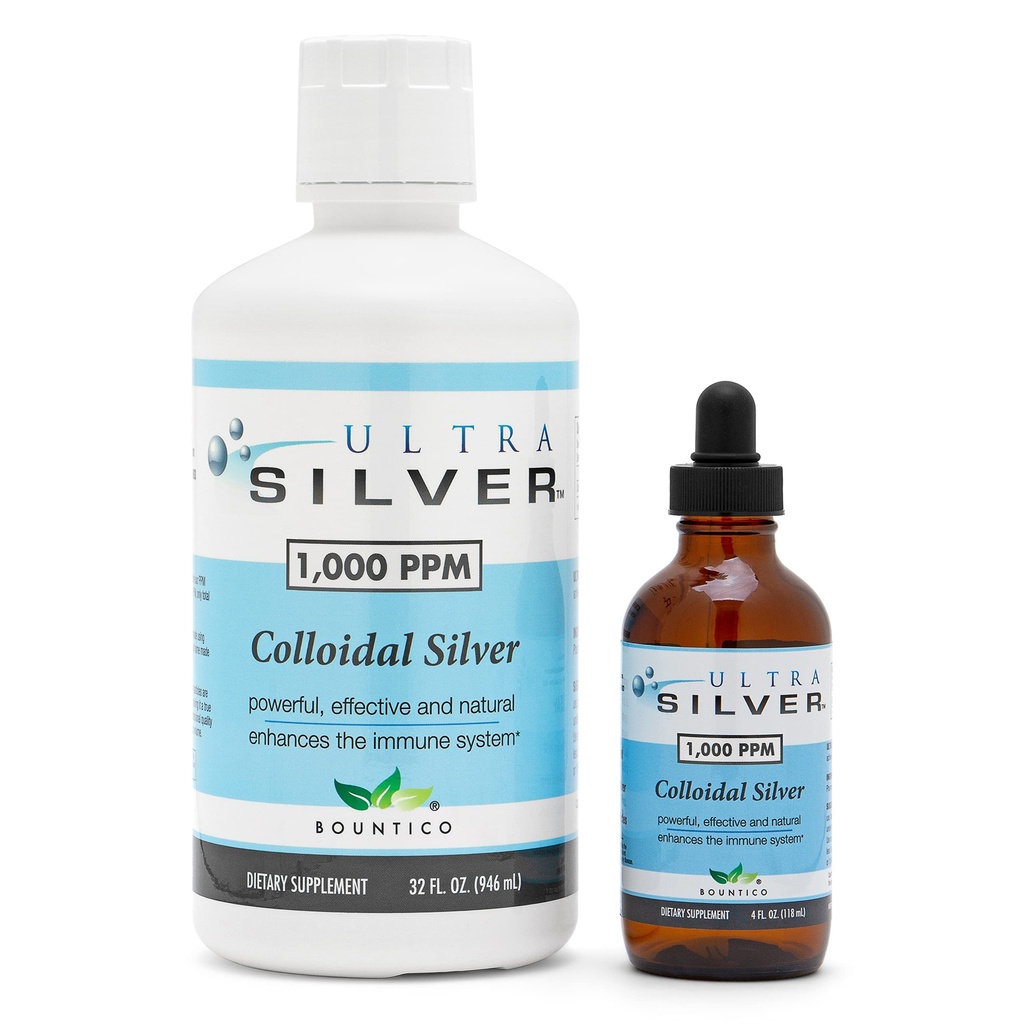 Ultra Silver® Colloidal Silver | 1.000 PPM, 32 Oz (946mL) | Mineralische Beilage | True Colloidal Silver - 4 oz Dropper Bottle (Empty) Included for Dispensing!