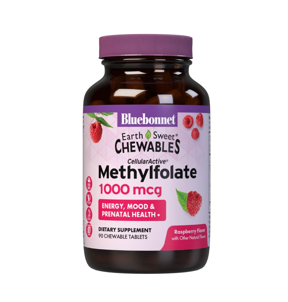 Bluebonnet EarthSweet Methylfolate 1000 mcg Cellular Active Coenzym 5-MTHF L Methyl Folate Supplement - Prenatal & Energy Support - Non-GMO, Vegan, Gluten-Free - Raspberry - 90 Chewable Tablets