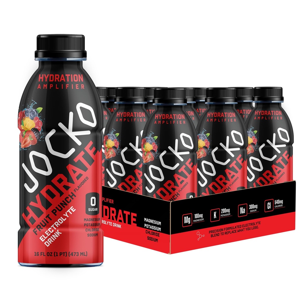 Jocko Fuel Hydrate Electrolyte Drinks - Sports Drink Hydration Amplifier, Thirst Quencher - Scientifically Formulated Electrolyte Blend Fruit Punch Flavor 16 Oz (12 Pack)