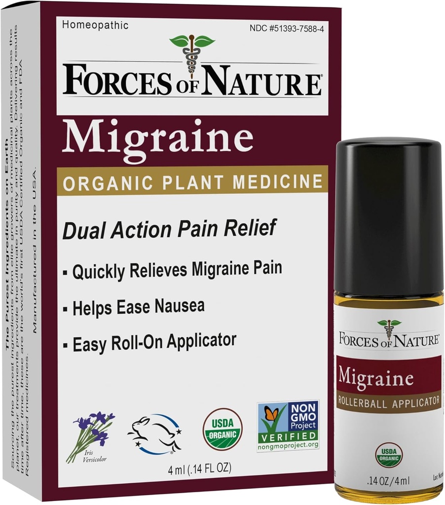 Forze di natura naturale, Rilievo di dolore di emicrania organica Roll-on Topical, Supporti Prodrome, Aura, Headache, Fatigue, Sensibilità luminosa e sonora, Nausea associata con migraine, Non OGM, 0.14 Fl Oz