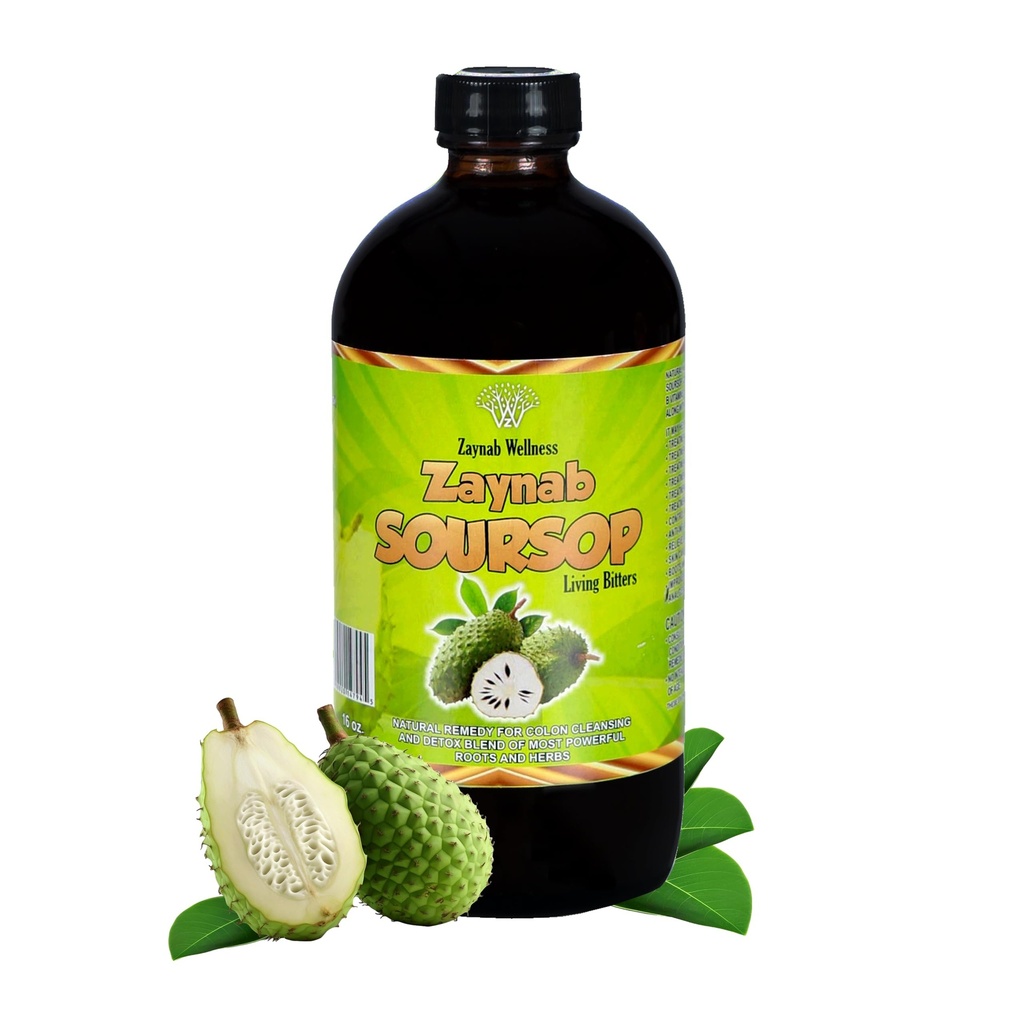 Zaynab Bio Soursop Bitters Flüssigkeit mit Soursop Blätter für Gut Cleanse, Detox & Immune Unterstützung | Schwarz Seed Öl, Moringa, Knoblauch & Ginger für Gesamt Wellness | Beste Soursop Bitter | 16 Fl Oz