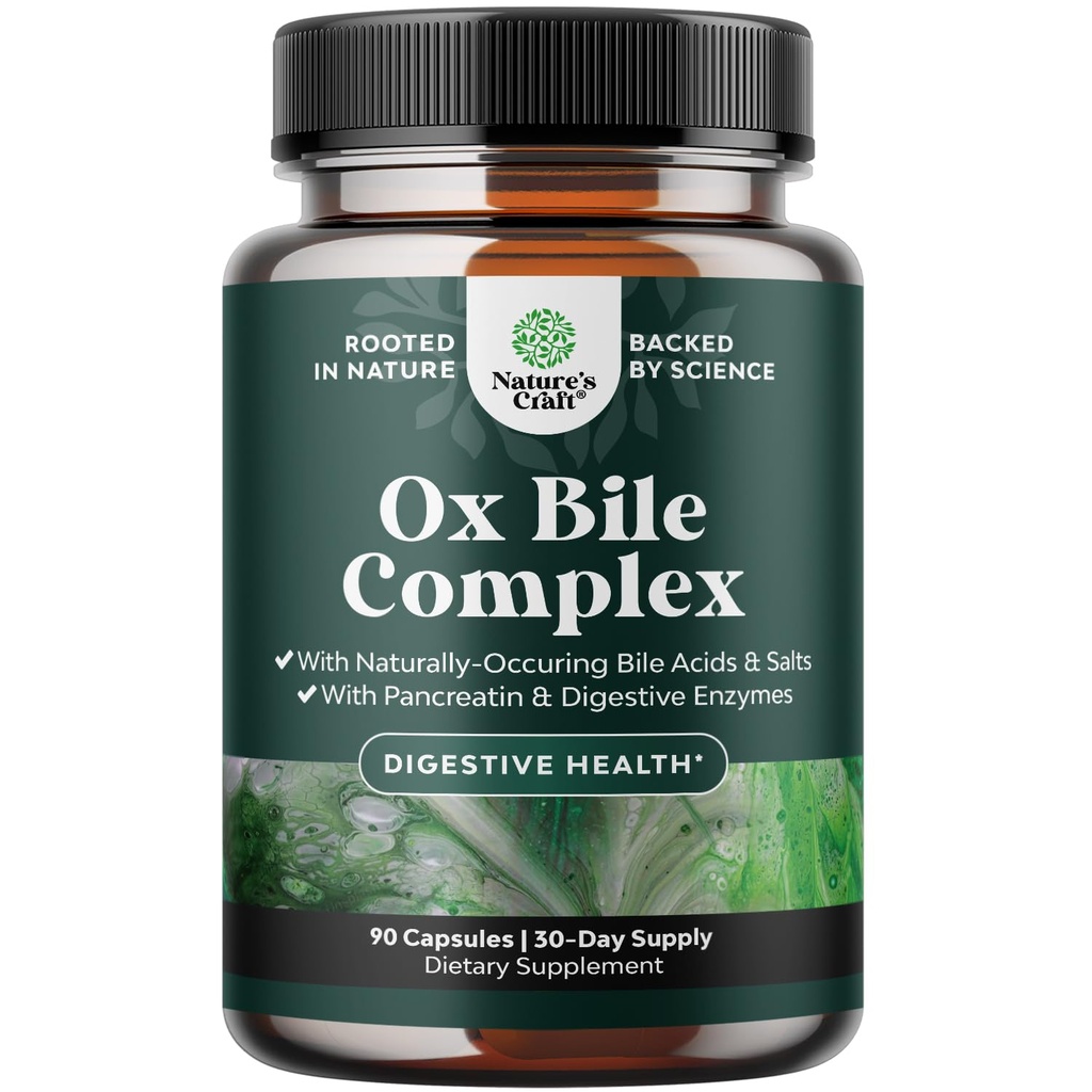 Verdauungsenzyme mit Ox Bile - Ox Bile Ergänzungen für No Gallbladder mit Trypsin, Papain & Bromelain Enzyme für Pancrease Cleanse & Detox - Pancreatin Verdauungsenzyme für Frauen & Männer - 90 Ct