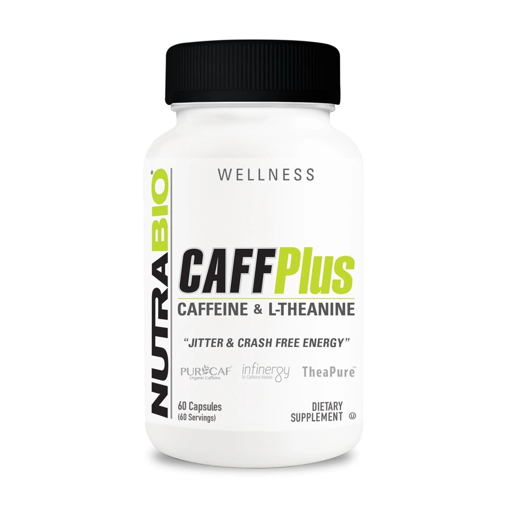 NutraBio CaffPlus, caféine double source avec Theanine pour une énergie saine - 60 capsules végétales