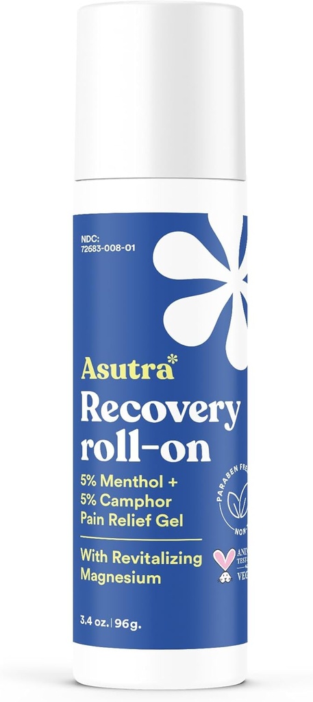 ASUTRA Recovery Roll-On Gel, 3,4 oz - Cooling and Warming Sensation, Temporary Relief from Muscle Discomfort and Soreness, Mess-Free Applicator, Menthol, Camphor, and Premium-Quality Magnesium