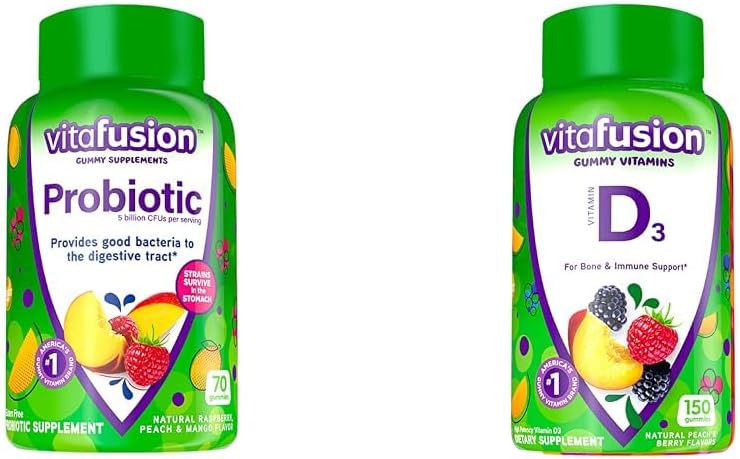 Suppléments gommy probiotiques de Vitafusion, framboises, pêches et mangues et vitamines D3 vitamines gommy pour le soutien du système osseux et immunitaire
