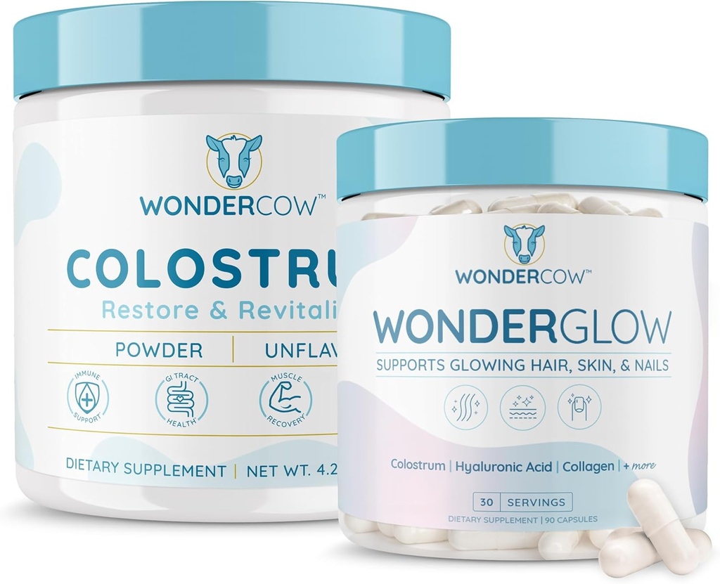 WONDERCOW Colostrum Unflavored + WonderGlow Hair Skin and Nails Vitamins, Unterstützung schnelleres Haarwachstum, härtere Nägel und glänzende Haut