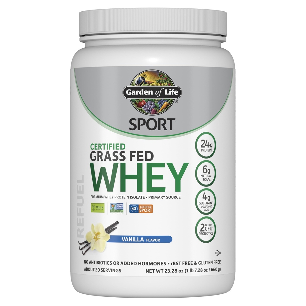 Garden of Life SPORT Whey Protein Powder Vanilla, Isolate de protéines de farine de graminée et probiotiques pour la santé du système immunitaire, 24g de protéines, non OGM, sans gluten, traité à froid - 20 portions