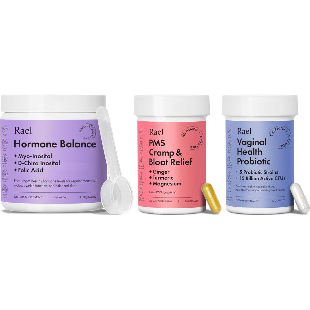Rael Supplement für Frauen Bundle - Hormon Balance, Myo-Inositol & D-Chiro Inositol (30 Tage Versorgung) & Probiotics, 15 Billion CFU (30 Tage Versorgung) & PMS Supplement (28 Kapseln)
