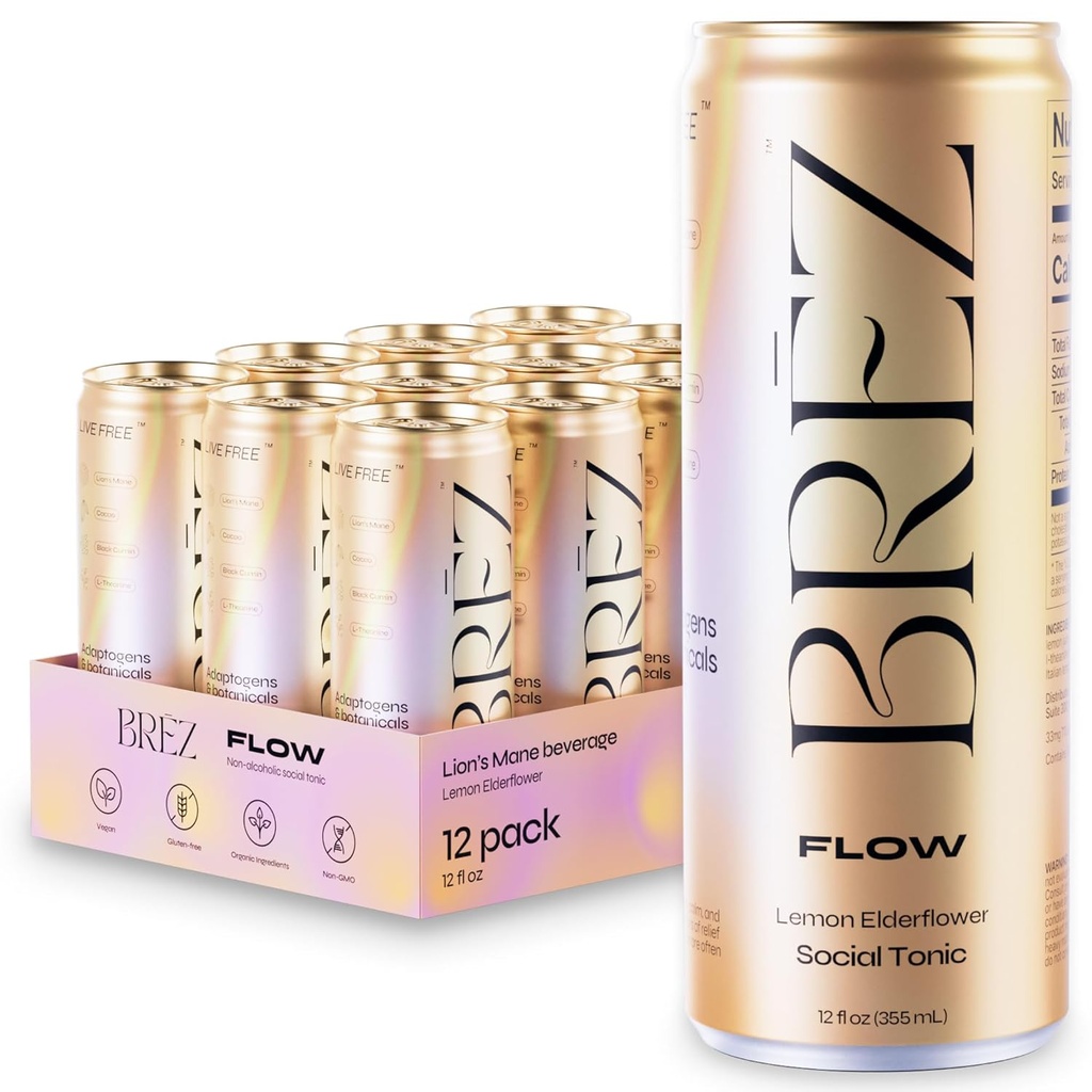 BREZ FLOW Lion’s Mane Mushroom Drink, 12-Pack, Non Infuse, Adaptogens, Alleviare, Alzare e Sociale, Spumante Lemon Elderflower Tonic 12 Fl oz