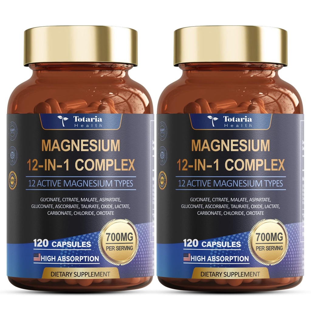 Magnesium-Komplex 700mg 12 in 1 Magnesium-Ergänzung mit Glycinat-Zitrat Malatoxid Taurat Aspartate Orotate Magnesium-Entspannung, Muskel,Herz-Unterstützung, Vegan 120 Kapseln 2PK