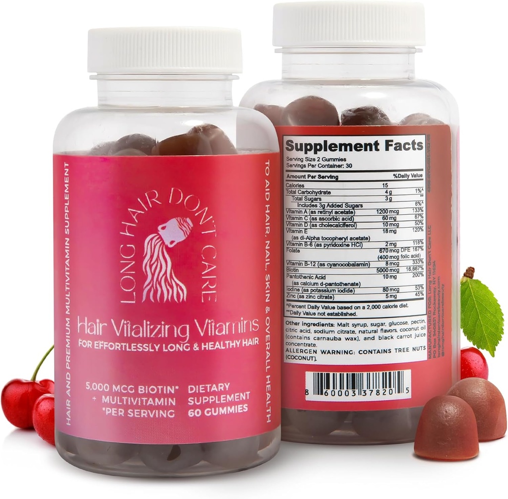 Capelli lunghi Non Cura Capelli Vitalizzanti Vitamine, Pelle Capelli e Vitamine Unghie, Vitamine per Donne e Uomini, Acido Pantotenico, Acido Folico & Biotin Gummies, Vitamine Non OGM, 60 Vitamine Gummy