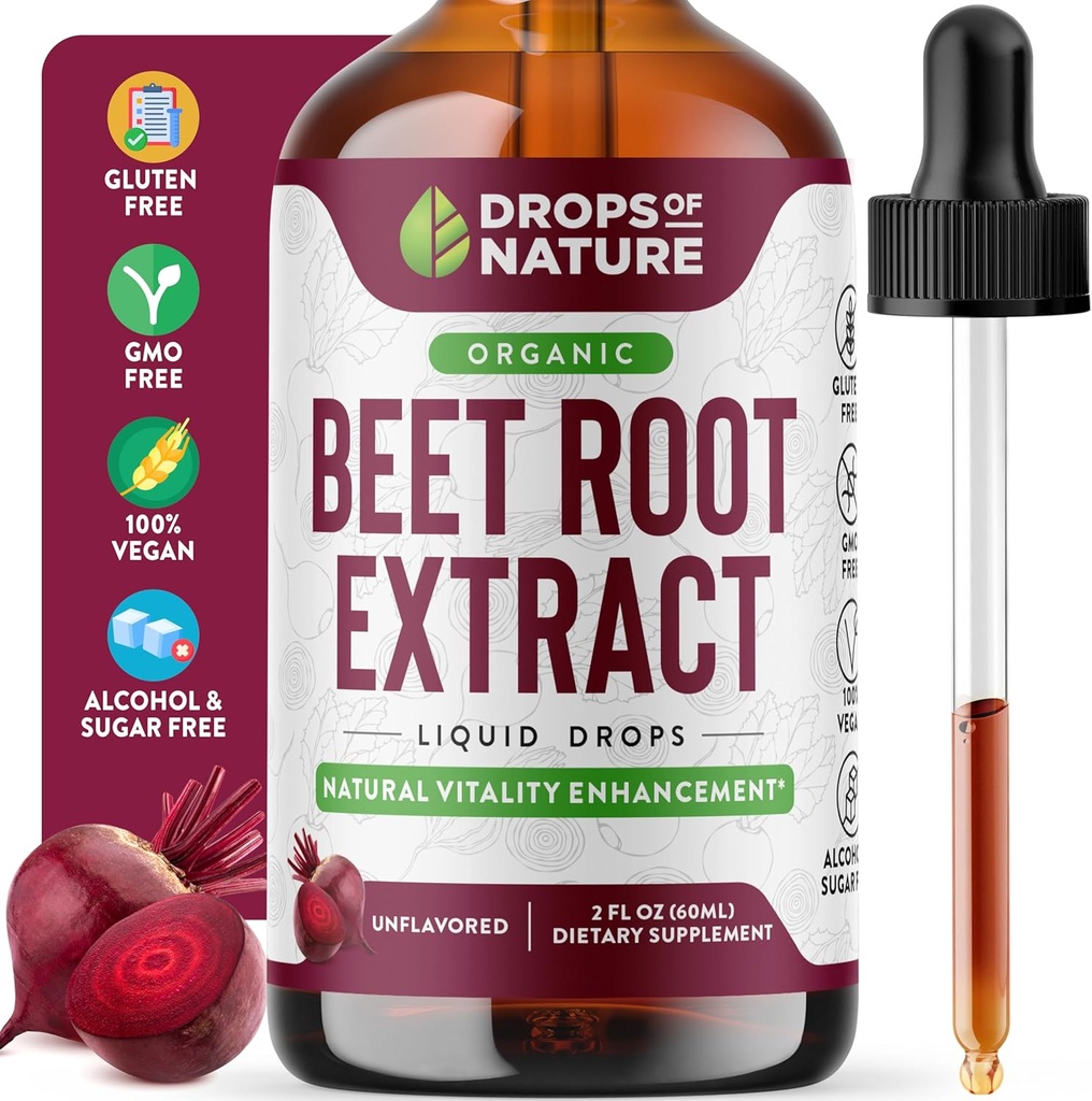 Supplément liquide pour racines de betteraves - Fabriqué avec extrait de betteraves biologiques - Vegan et Pure - Potence supérieure à celle des gommes, des croustilles et des capsules - Supporte l'énergie, la vitalité et la circulation (non aromatisée, 60mL)