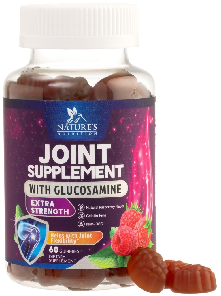 Gummies de soutien interarmées Glucosamine Plus Vitamine E - Supplément de soutien conjoint de la nature pour les désagréments occasionnels pour le dos, les genoux et les mains - Cartilage et soutien mixte santé et flexibilité - 60 Gummies