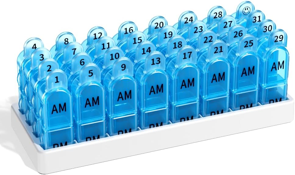 Monatliche AM/PM Pille Organizer - Farbe & Number-Coded 30/31-Tag Pille Box mit gesicherten Lids, BPA-frei & Travel-Friendly Design | Große Komponenten für Vitamine, Ergänzungen, Medikamente(blau