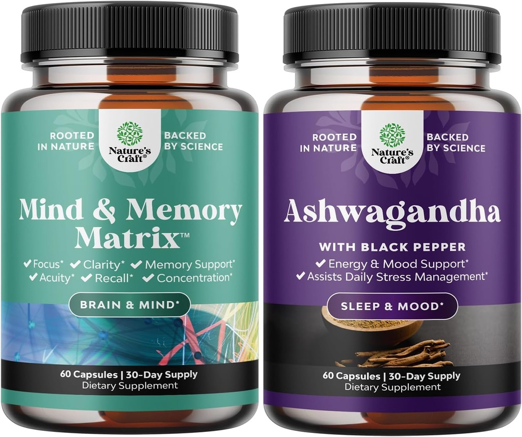 Bundle of Enhance Brain Memory, Boost Focus, Verbessern Clarity Mind Booster und Mood Enhancer Organic Ashwagandha Capsules - Pure Ashwagandha Powder for Thyroid Energy Focus