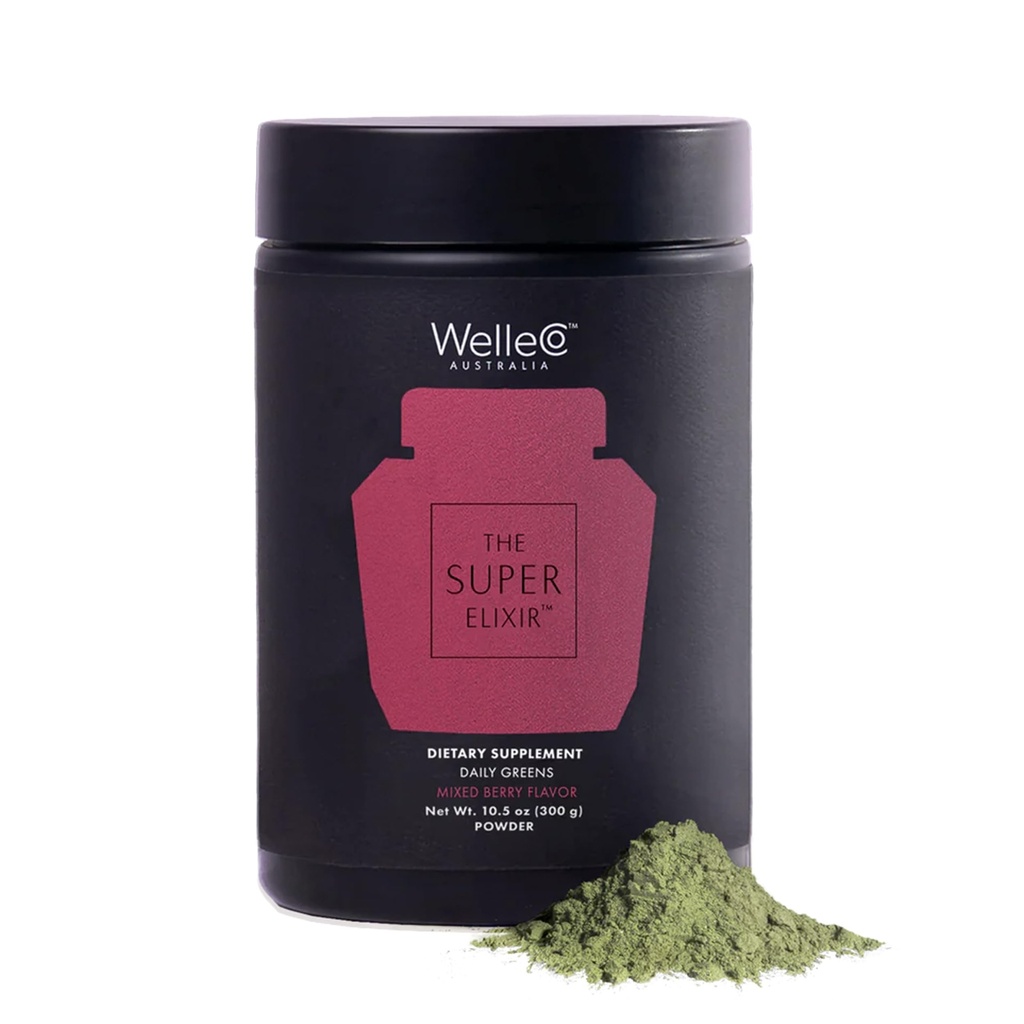 WelleCo Il Super Elixir Daily Greens Polvere, Probiotic Drink Mix con Whole Foods, Gluten Free, Vegan Gut Health Powder, Energy, Immunity, Healthy Skin, Hair & Nails (300g, Mixed Berry)