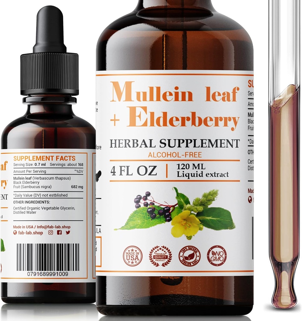 FabLab Mullein Blatt Extrakt mit Elderberry 4 Fl Oz - Made in USA - Tropfen für bessere Lung - Mullein Tincture für Lung Detox - Bronchial Cleanse für Raucher - Respiratorische Kräuterergänzung