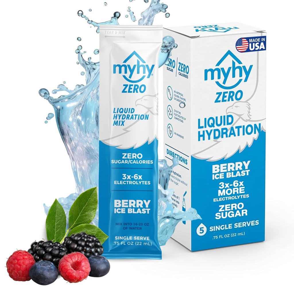 Packs d'hydratation liquide MyHy Zero, mélange de boissons électrolytes sans sucre pour le soutien de l'hydratation, soulagement de la déshydratation pour les voyages, la grossesse, la condition physique, Bachelor & Bachelorette Party – Berry, 5 comtes