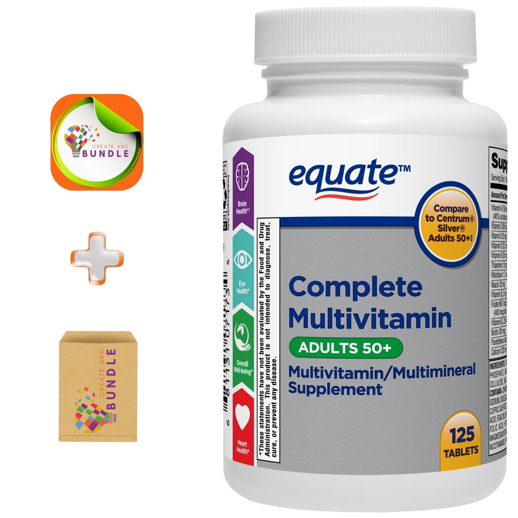 Equate Adulto 50+ Un supplemento multivitaminico giornaliero completo, 125 compresse, Multivitaminico globale per adulti oltre 50 + Crea e Bundle Sticker