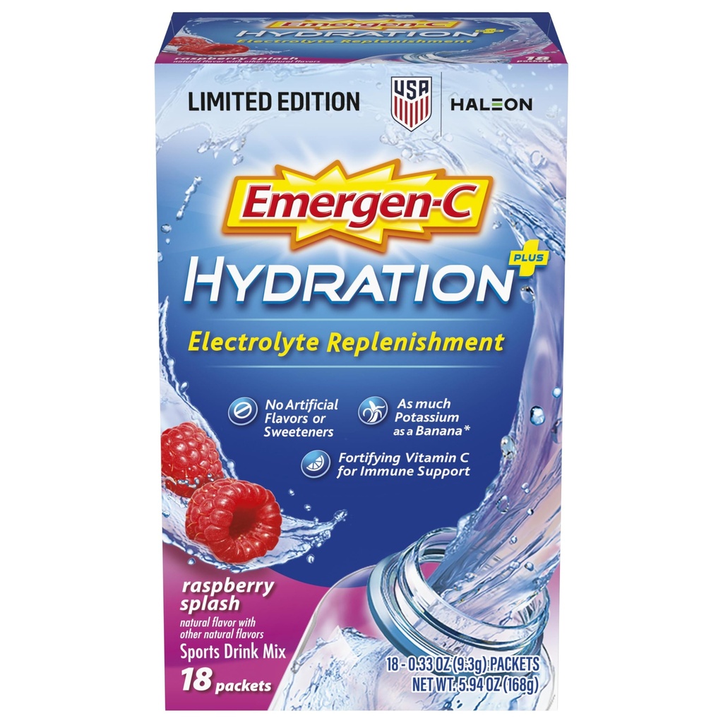 Emergen-C Hydratation+ Mélange de boissons sportives avec vitamine C (18 Compte, Arôme de framboise), Remplissage d'électrolytes, 0.33 Packs de poudre d'Once
