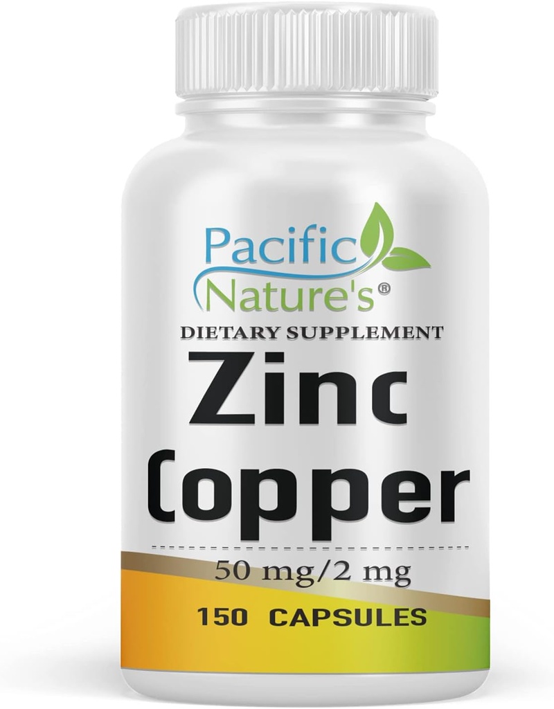 PACIFIC NATURE's Zink-Kupfer-Ergänzung (150 Kapseln) mit 50mg Zink-Gluconat, 2mg Kupfer-Sulphate für Immununterstützung - Glutenfrei, Non-GMO