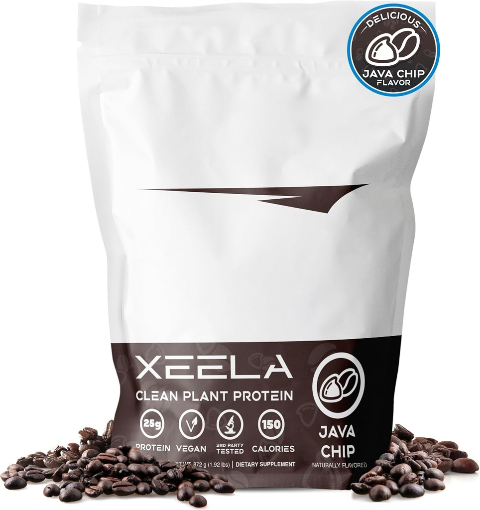 XEELA Plant Based Vegan Protein Powder - Unabhängig getestet - 25g High Protein, Pea Protein für Männer & Frauen - Vitamine & Minerals, Non GMO, Dairy & Gluten Free, LowCarb & LowFat (Java Chip)