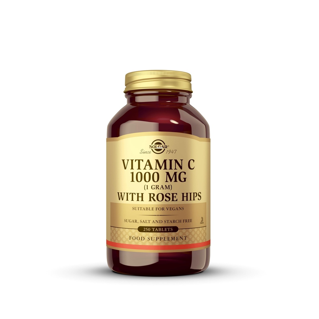 Solgar Vitamin C 1000 mg mit Rose Hips, 250 Tabletten - Antioxidans & Immununterstützung - Gesamtgesundheit - Unterstützt gesunde Haut & Gelenke - Non-GMO, Vegan und Kosher - 250 Servierungen